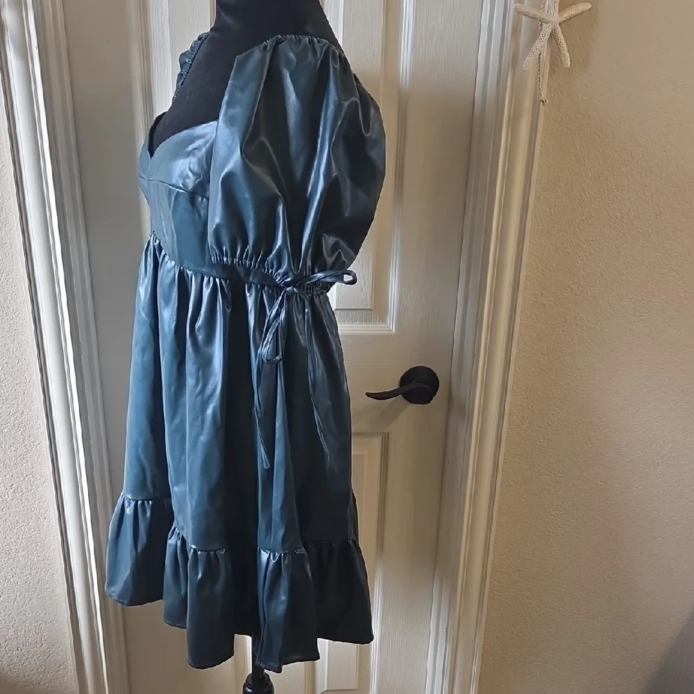 Chic Dark Green Faux Leather Puff Sleeve Mini Dress - Picture 16 of 16